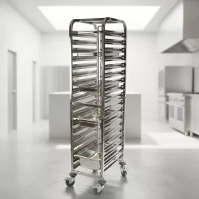   Tálcatartó regálkocsi, mobil állvány, 18 db GN 1/1 (32,5×53 cm) tálcához, rozsdamentes