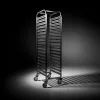 Tálcatartó, tálcaleszedő regálkocsi, mobil állvány, 18 db trapéz tálcához (48×34 cm), rozsdamentes