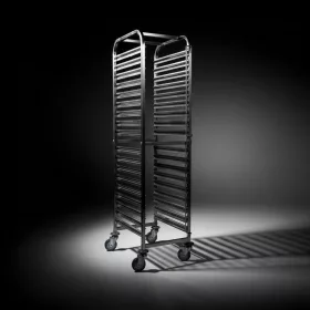   Tálcatartó, tálcaleszedő regálkocsi, mobil állvány, 18 db trapéz tálcához (48×34 cm), rozsdamentes
