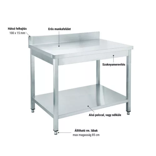 Rozsdamentes munkaasztal alsó polccal, 1200×700×850 mm, lapra szerelt