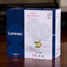   Plumi fehér étkészlet, 18 részes, temperált, kerek, üveg