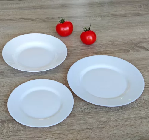 Plumi fehér étkészlet, 18 részes, temperált, kerek, üveg