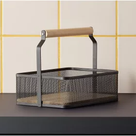 Fémkosár fa fogóval, 23,5×15,6×7,5 cm, porszórt fekete