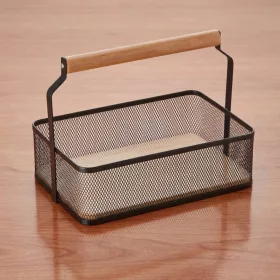 Fémkosár fa fogóval, 23,5×15,6×7,5 cm, porszórt fekete