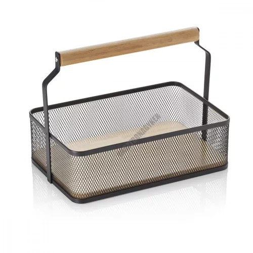 Fémkosár fa fogóval, 23,5×15,6×7,5 cm, porszórt fekete