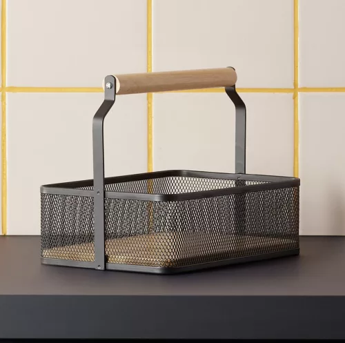 Fémkosár fa fogóval, 23,5×15,6×7,5 cm, porszórt fekete