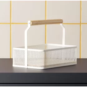 Fémkosár fa fogóval, 23,5×15,6×7,5 cm, porszórt fehér