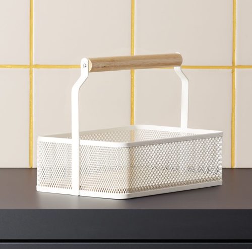 Fémkosár fa fogóval, 23,5×15,6×7,5 cm, porszórt fehér