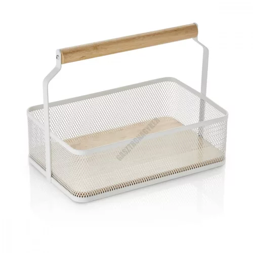 Fémkosár fa fogóval, 23,5×15,6×7,5 cm, porszórt fehér