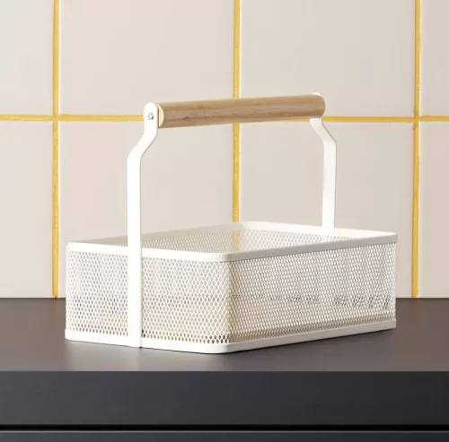 Fémkosár fa fogóval, 23,5×15,6×7,5 cm, porszórt fehér