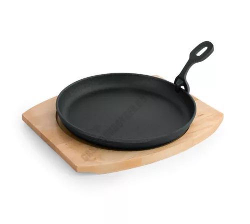 Tálalóserpenyő, 22 cm, öntöttvas, fa alátéttel