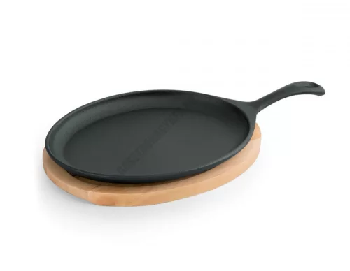 Tálalóserpenyő, ovális, 25×18,5×2 cm, öntöttvas, fa alátéttel