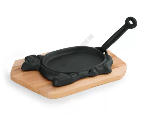 Tálalóserpenyő, 27×16×2 cm, öntöttvas, fa alátéttel