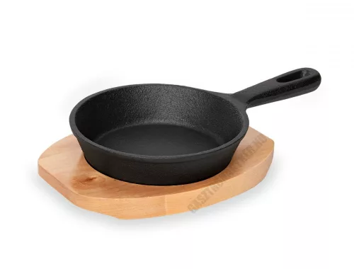 Mini tálalóserpenyő, 13×3,5 cm, öntöttvas, fa alátéttel