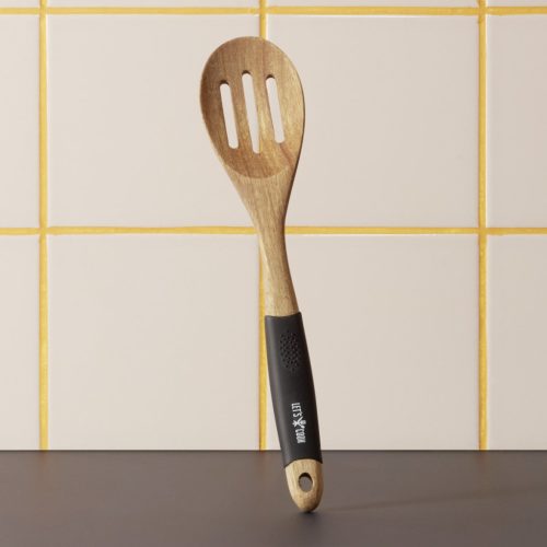 Szervírozókanál, perforált, 30,5 cm, szilikon nyél, akácfa, Let's Cook